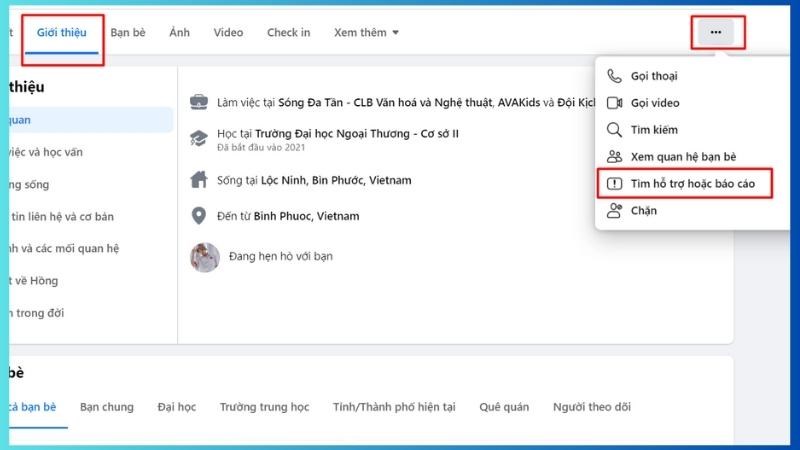 Bước 3: Vào trang cá nhân của tài khoản bị hack > Vào phần Giới thiệu > Chọn biểu tượng dấu 3 chấm > Vào Tìm hỗ trợ hoặc báo cáo