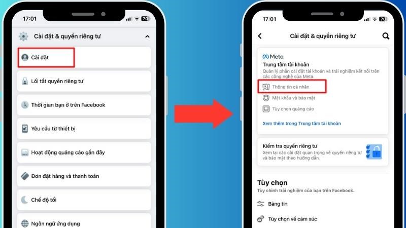 Bước 1: Vào ứng dụng Facebook > Vào phần Cài đặt > Chọn thông tin cá nhân ở Cài đặt & quyền riêng tư