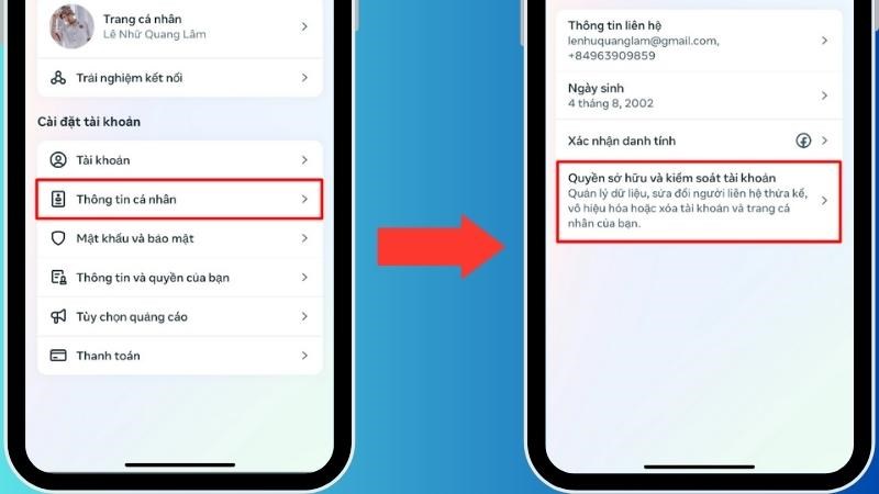 Bước 2: Chọn Thông tin cá nhân > Chọn Quyền sở hữu và kiểm soát tài khoản