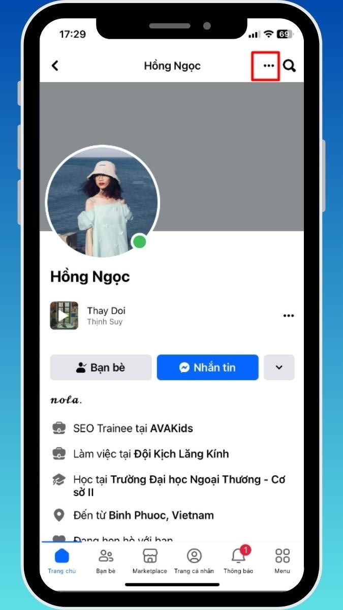 Bước 1: Kêu gọi bạn bè vào tài khoản Facebook bị hack > Ấn vào biểu tượng dấu 3 chấm