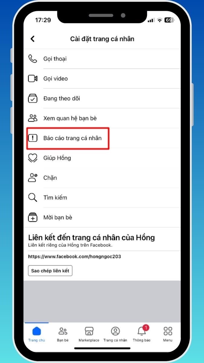 Bước 2: Chọn Báo cáo trang cá nhân