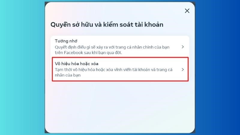 Bước 5:  Chọn Vô hiệu hóa hoặc xóa để thực hiện xóa vĩnh viễn tài khoản