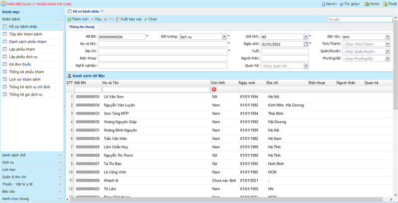 Giao diện phần mềm STD CLINIC