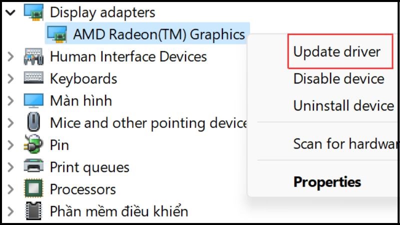 Click chuột phải để chọn Update Driver