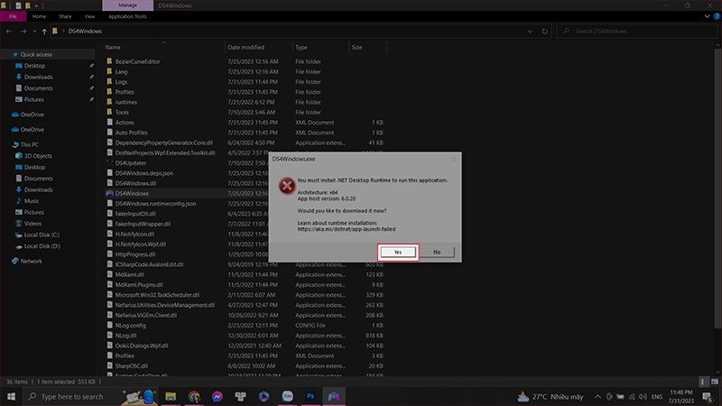 Nhấn yes để tiếp tục