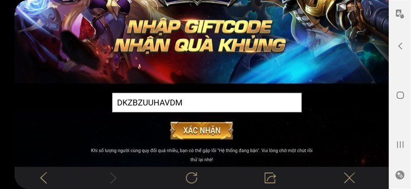 Nhập code nhận quà