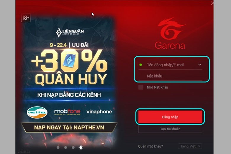 Đăng nhập thông tin tài khoản Garena