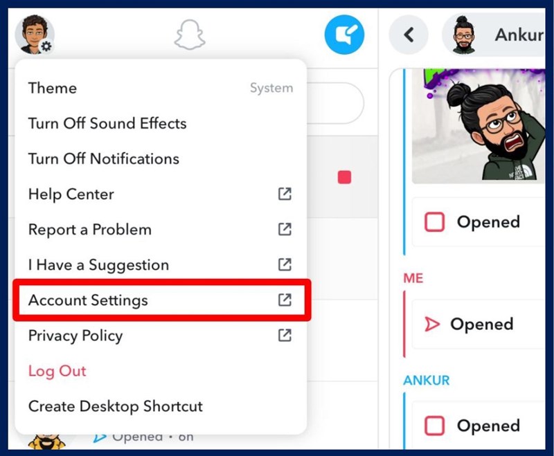 Chọn v&agrave;o C&agrave;i đặt t&agrave;i khoản tr&ecirc;n Snapchat Web