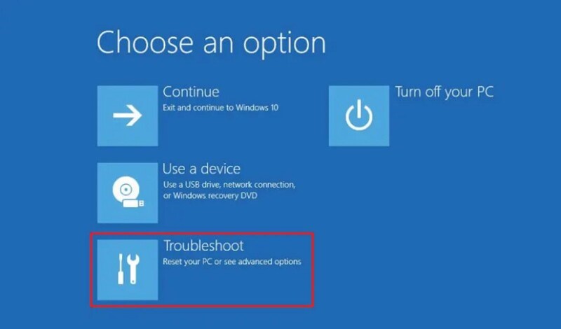 Chọn Choose an options và chọn tiếp vào Troubleshoot.