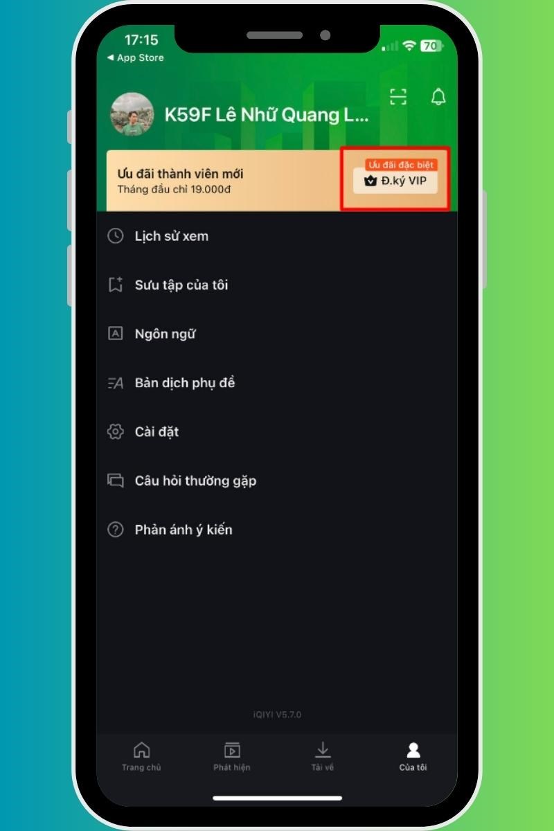 Bước 2:&nbsp;V&agrave;o mục&nbsp;T&ocirc;i&nbsp;> Chọn&nbsp;Đăng k&yacute; VIP.