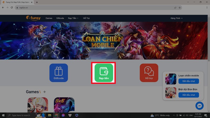 Chọn nạp tiền Chọn nạp tiền