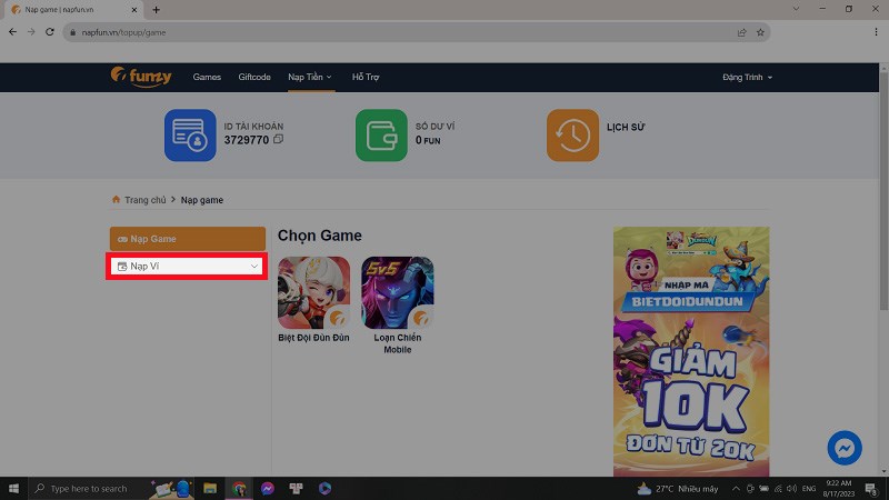 Chọn mục nạp ví Chọn mục nạp ví