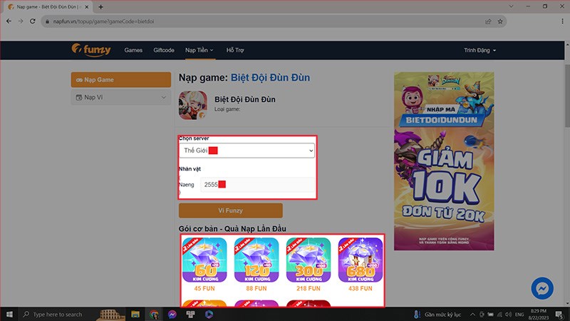 Chọn server và gói nạp Chọn server và gói nạp
