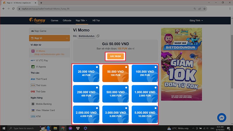 Chọn mệnh giá và xác nhận Chọn mệnh giá và xác nhận
