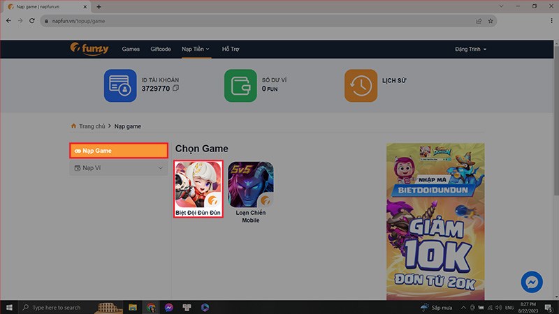 Ở mục nạp game chọn tựa game Biệt Đội Đùn Đùn Ở mục nạp game chọn tựa game Biệt Đội Đùn Đùn