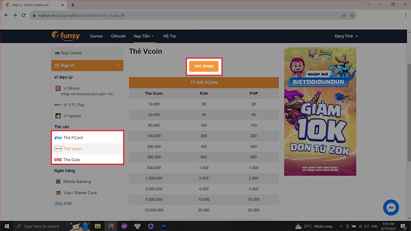 Chọn thẻ nạp và xác nhận Chọn thẻ nạp và xác nhận