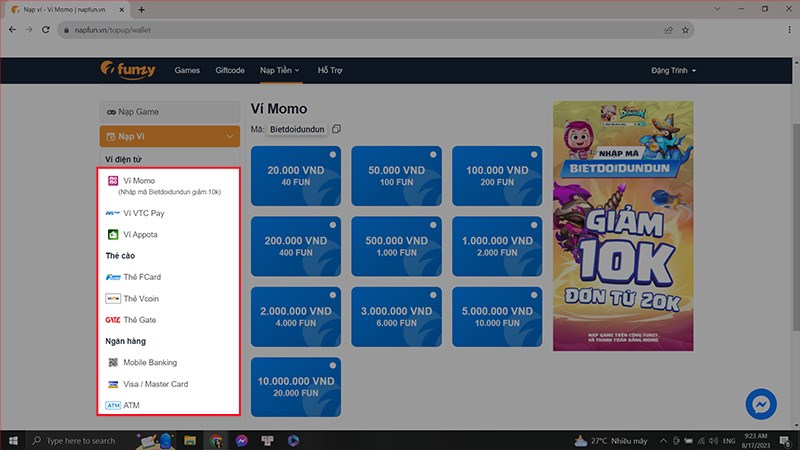 Chọn các phương thức và tiền hành nạp tiền Chọn các phương thức và tiền hành nạp tiền