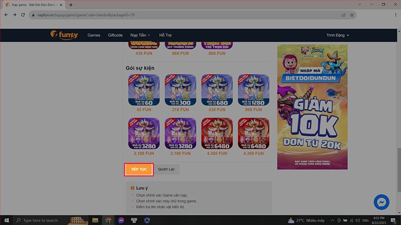 Nhấn tiếp tục Nhấn tiếp tục