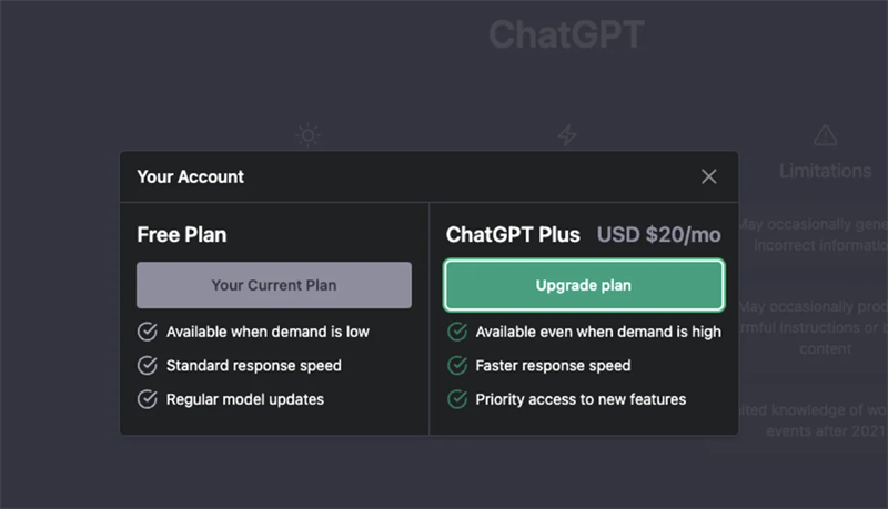 Chọn gói dịch vụ ChatGPT Plus