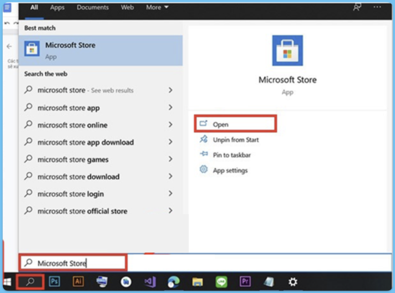 Mở ứng dụng Microsoft Store