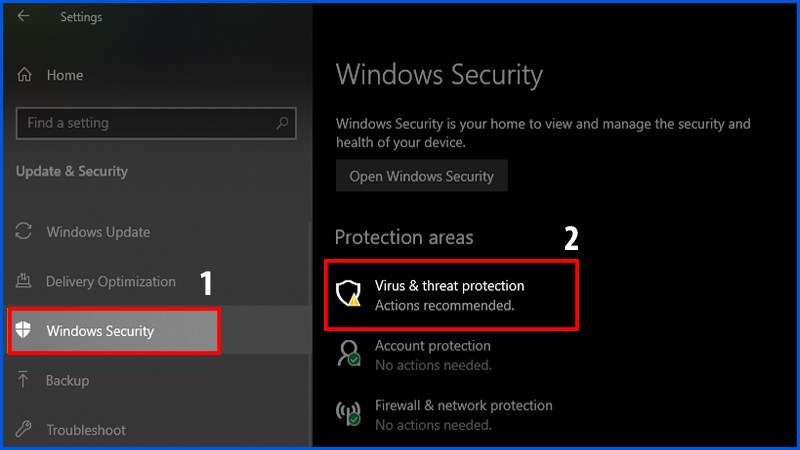 Chọn Windows Security, chọn tiếp Virus & threat protection