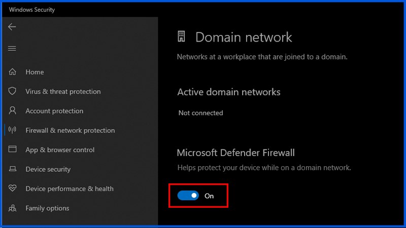 Tắt công tắc Microsoft Defender Firewall