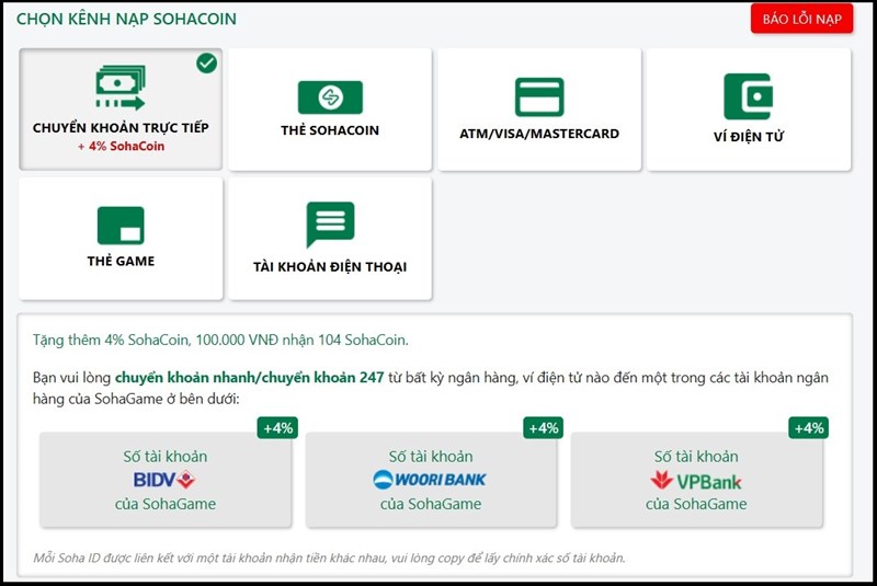 Chuyển khoản trực tiếp cộng thêm 4% SohaCoin. Chuyển khoản trực tiếp cộng thêm 4% SohaCoin.