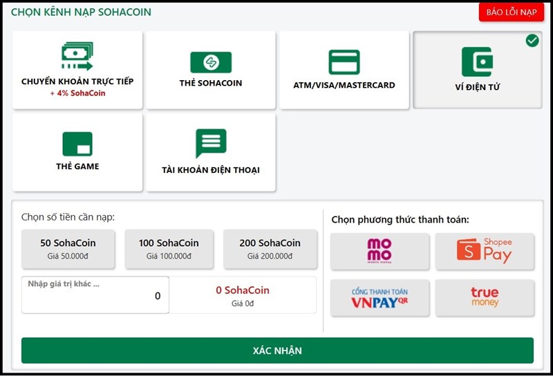Nạp thông qua ví điện tử sẽ bị tính thêm 5% phí giao dịch. Nạp thông qua ví điện tử sẽ bị tính thêm 5% phí giao dịch.
