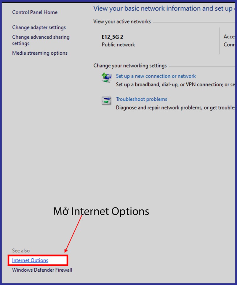 Mở Internet Options