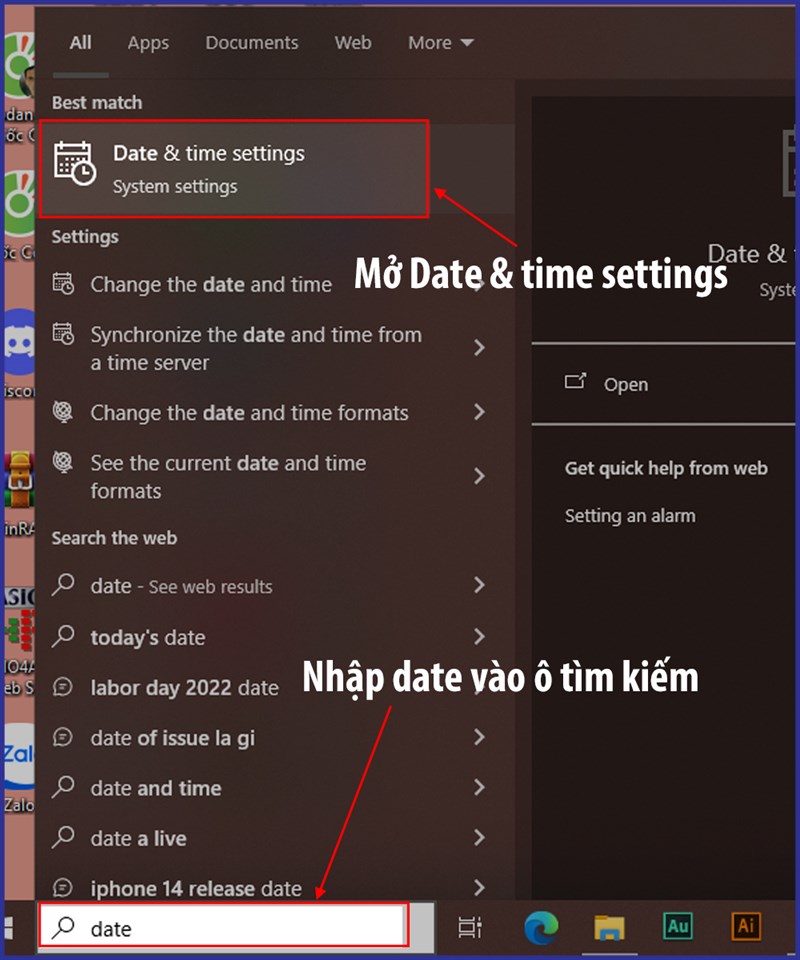 Mở Date & time settings