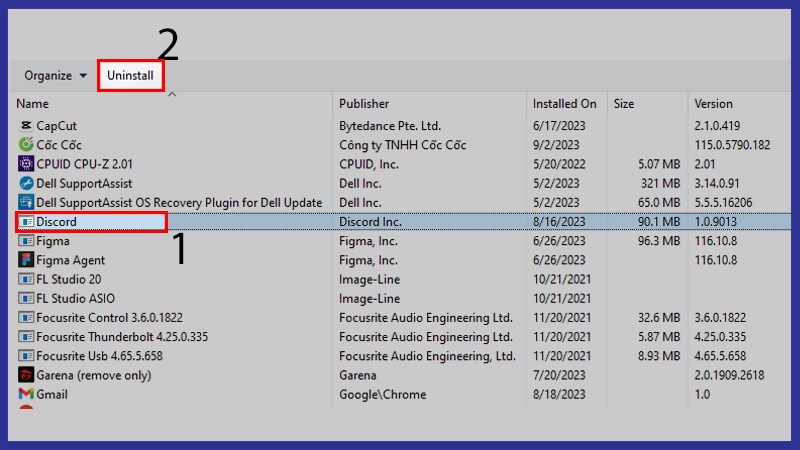 Chọn Discord và nhấn Uninstall