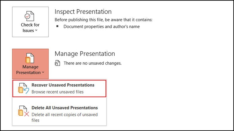 Chọn mục Recover Unsaved Presentations