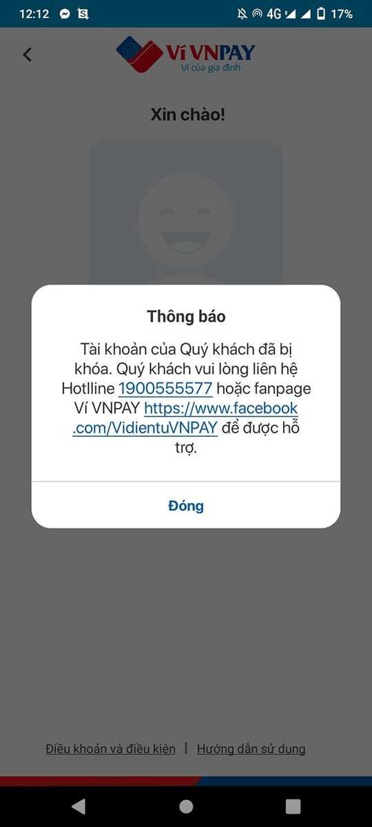 Tài khoản VNPAY đã bị khoá