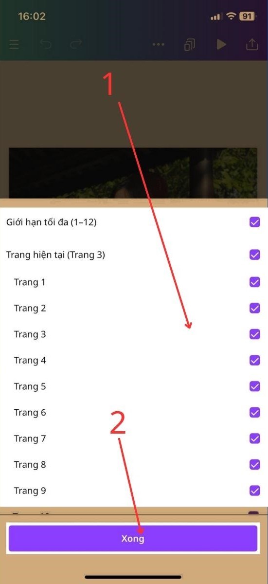 Chọn những trang bạn muốn lưu, sau đó ấn Xong