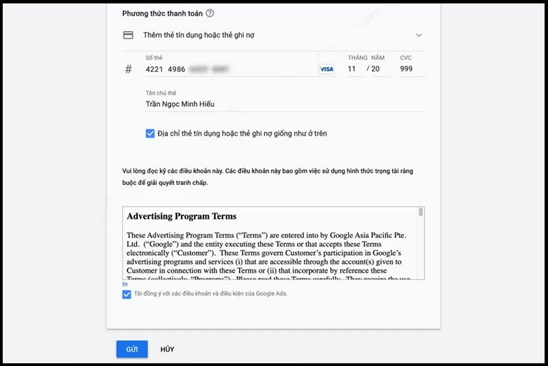 Nhập th&ocirc;ng tin thẻ thanh to&aacute;n