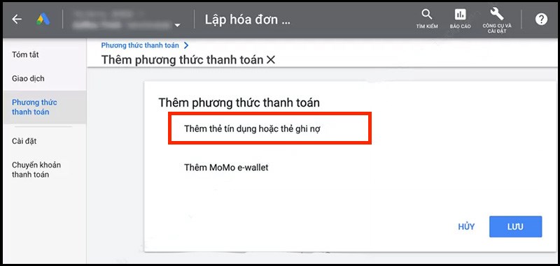 Chọn Th&ecirc;m thẻ t&iacute;n dụng hoặc thẻ ghi nợ
