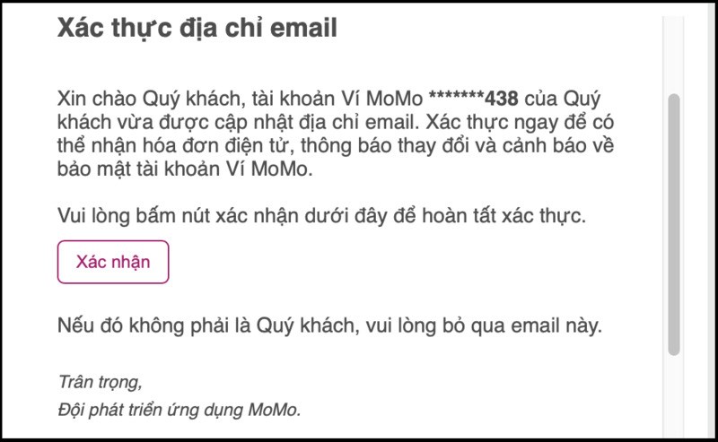 X&aacute;c nhận thư từ MoMo