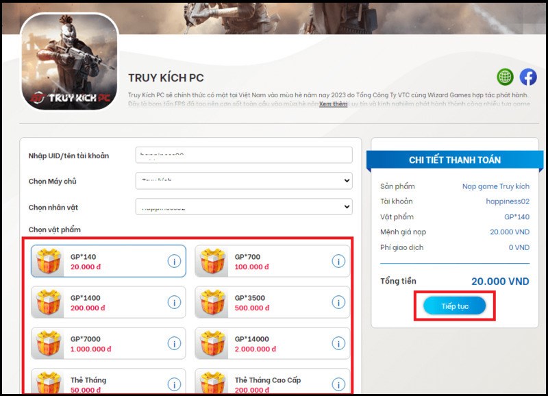 Lựa chọn gói muốn nạp vào game Lựa chọn gói muốn nạp vào game