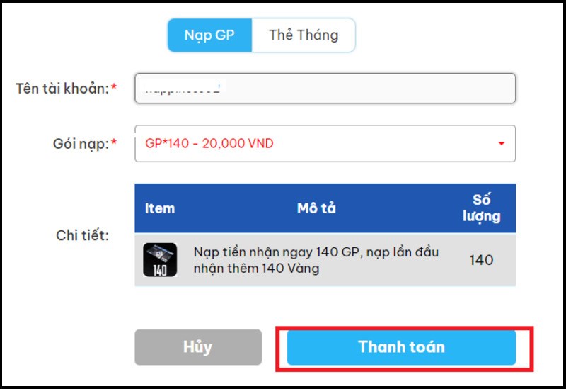 Chọn gói tiền muốn nạp vào Chọn gói tiền muốn nạp vào