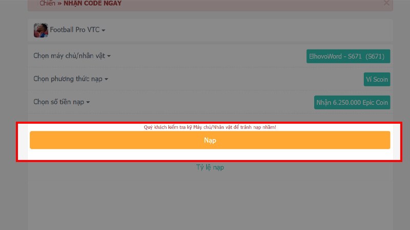 Nạp Fooball Pro VTC từ v&iacute; Scoin bước 4
