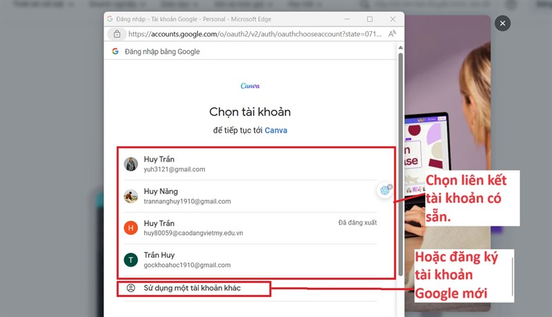 Chọn tài khoản Google có sẵn hoặc tạo tài khoản mới.