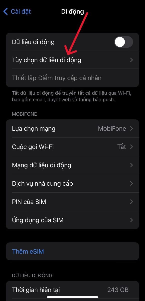 Chọn T&ugrave;y chọn dữ liệu di động
