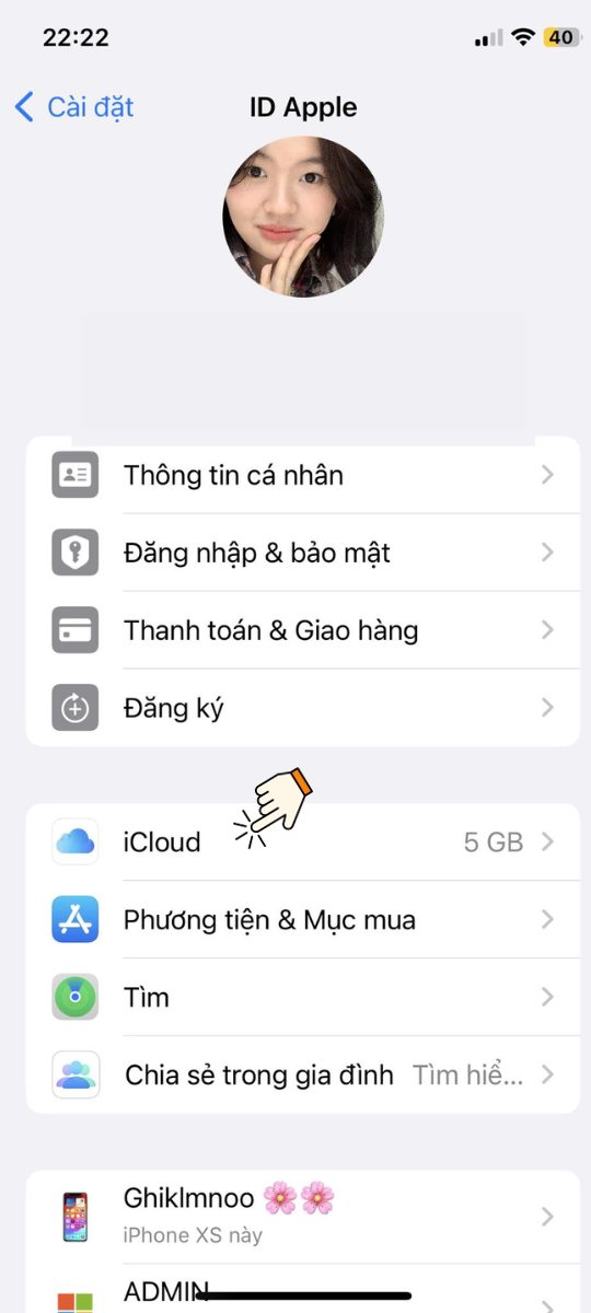 Vào mục cài đặt và đăng nhập vào iCloud > Chọn iCloud