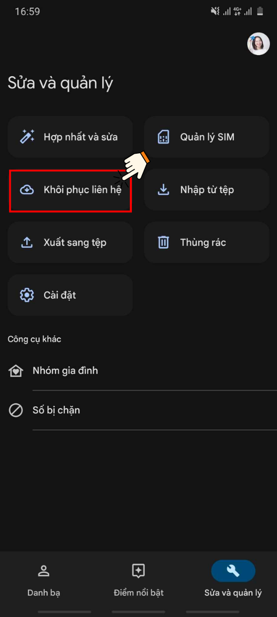 Chọn Khôi phục liên hệ