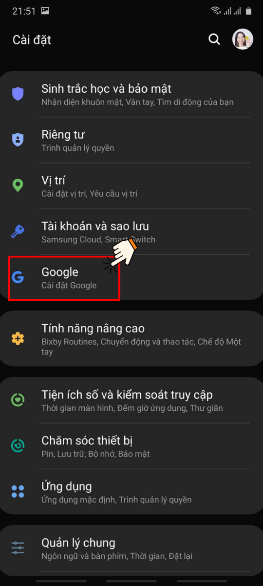 Vào ứng dụng Cài đặt trên điện thoại Android và chọn phần Cài đặt Google