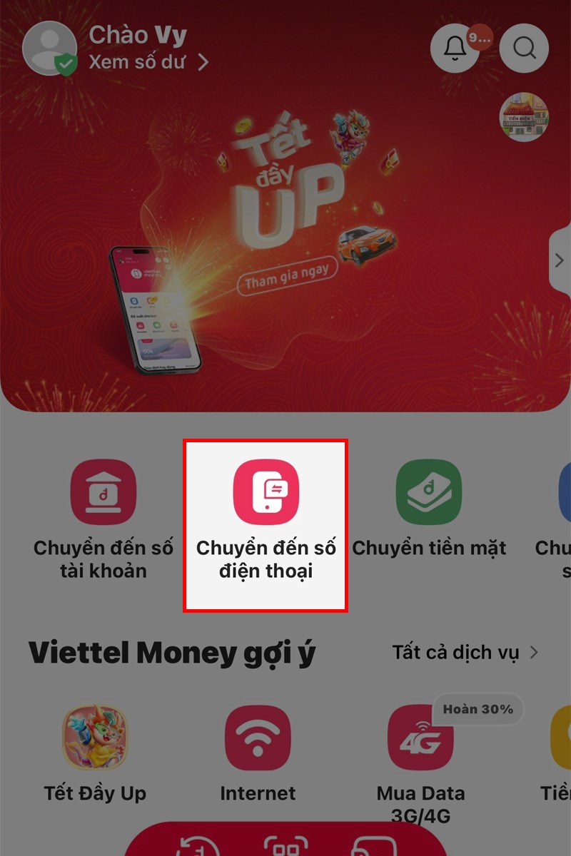 Cách chuyển tiền Viettel Money đến số điện thoại bước 1