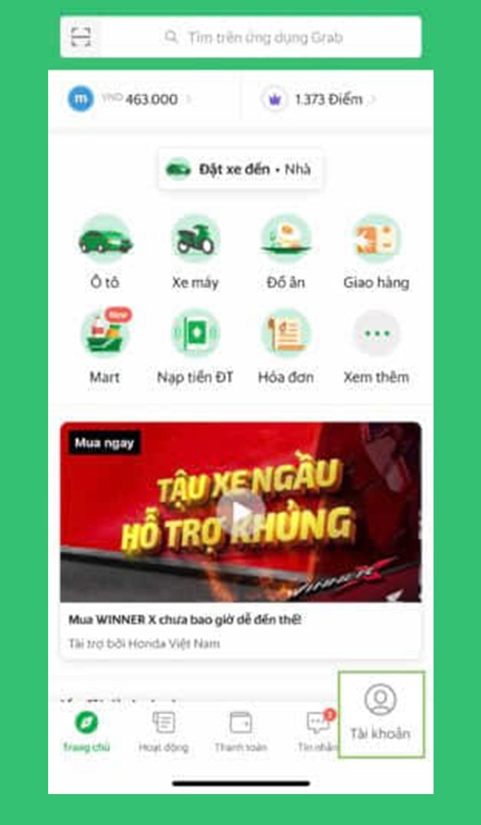 Bước 1: Trong app Grab, chọn Tài khoản