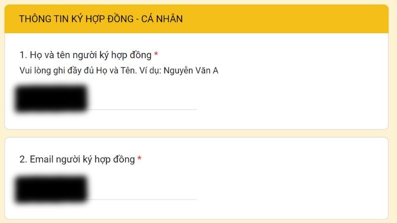 Điền đầy đủ các thông tin về Thông tin ký hợp đồng - cá nhân