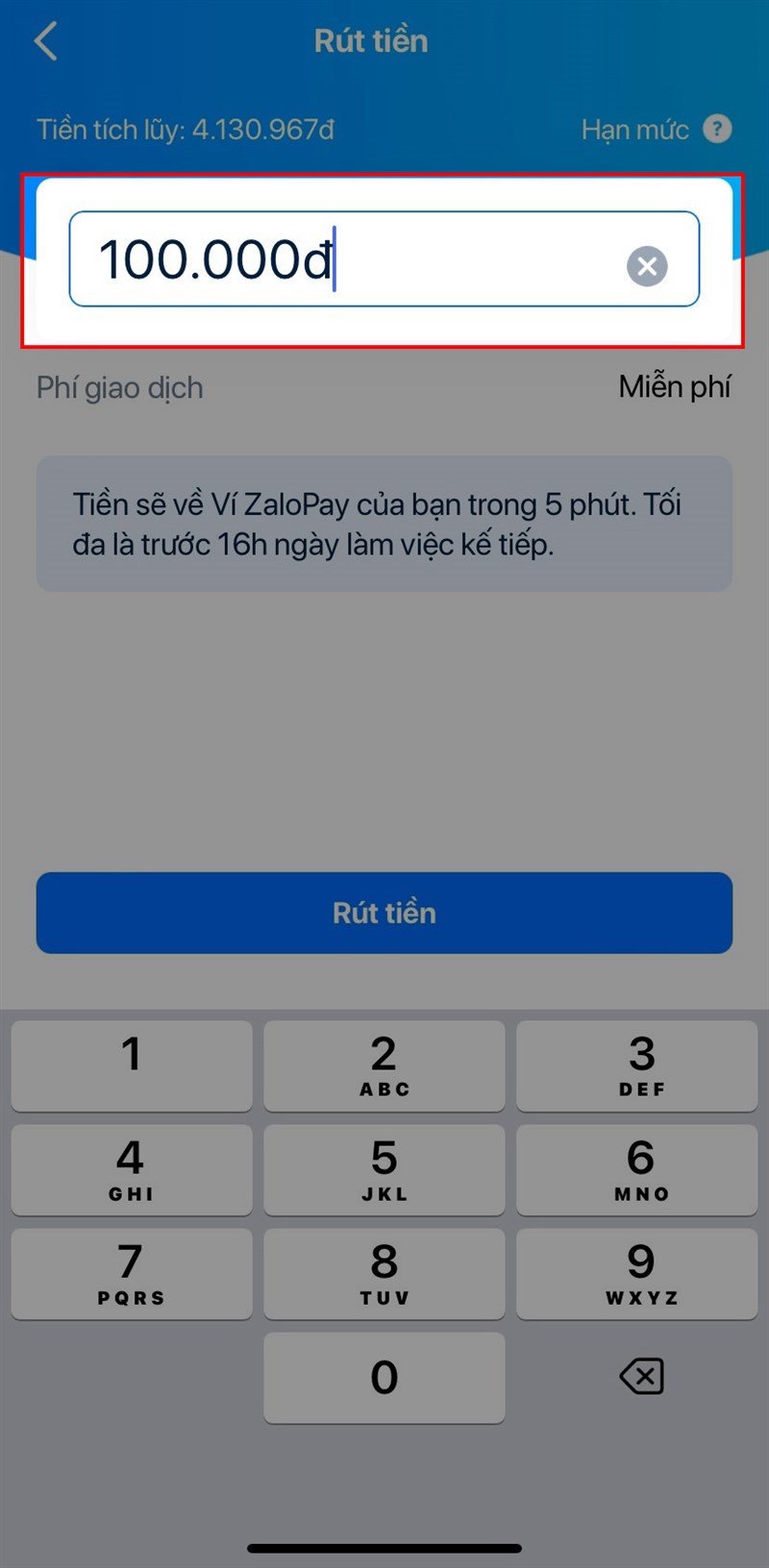 Rút tiền tài khoản tích lũy ZaloPay bước 2