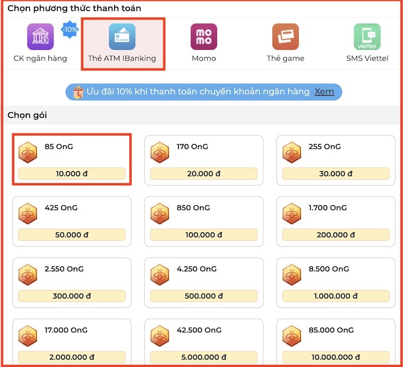 Chọn phương thức thanh to&aacute;n l&agrave; ATM iBanking